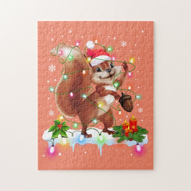 Funny ekorrel Juldekorationer Santa Hat Xma Pussel (Vertikal)