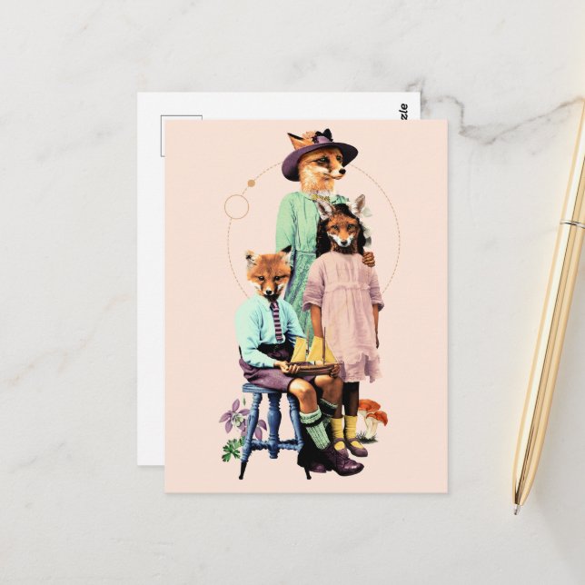 Funny Elegant Red Fox-familj Vykort (Fram/Back In Situ)