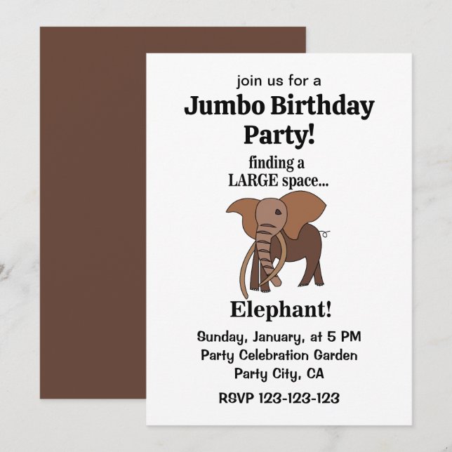 Funny Elephant Jumbo Birthday Party Inbjudningar (Fram/baksida)