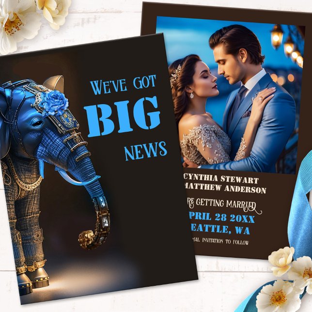Funny Elephant Photo Spara Datumet (Funny photo Save the Date card featuring a steampunk whimsical elephant, announcing the BIG news)