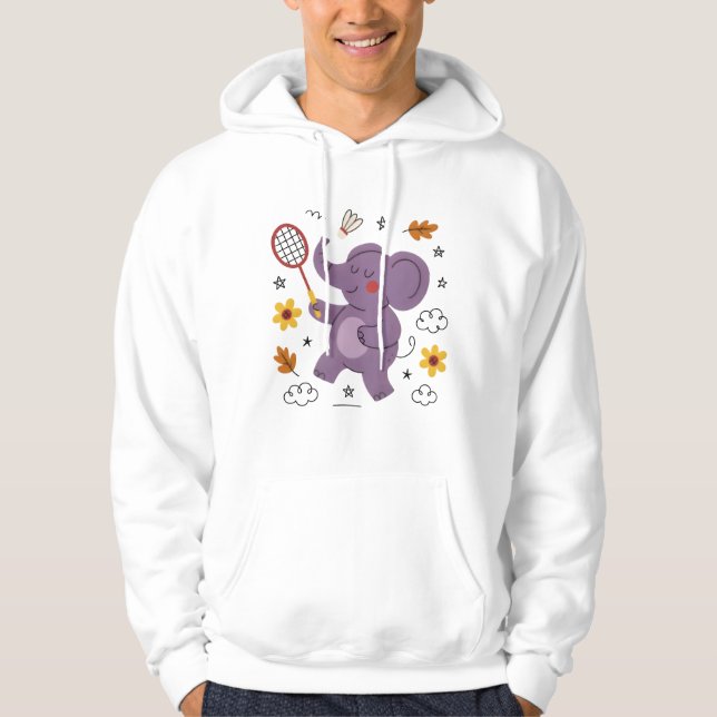 Funny elephant playing badminton for animals hoodie (Framsida)
