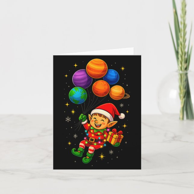 Funny Elf Astronaut With Planets Christmas Pjs For Kort (Framsida)