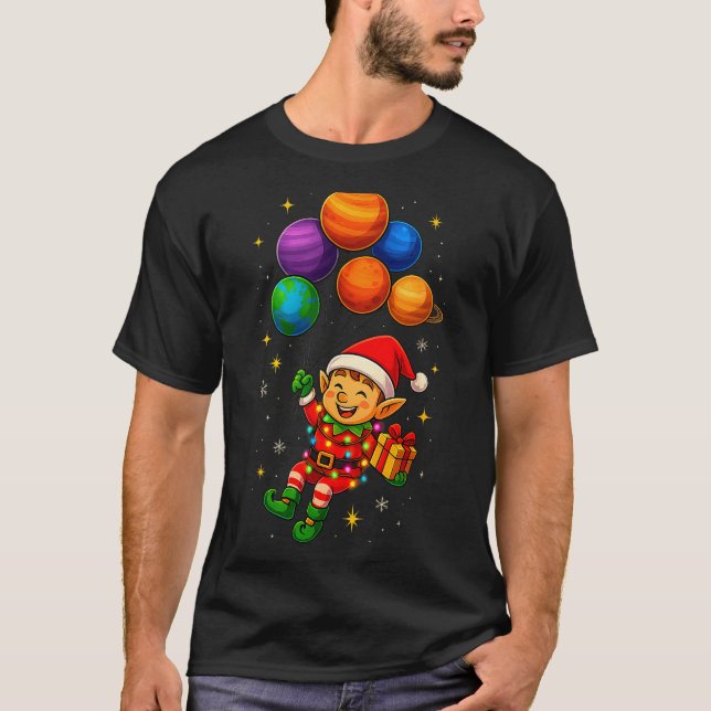 Funny Elf Astronaut With Planets Christmas Pjs For T Shirt (Framsida)