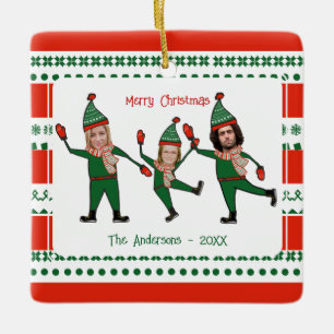 Funny Elf Family Photo Red Grönt God jul Julgransprydnad Keramik
