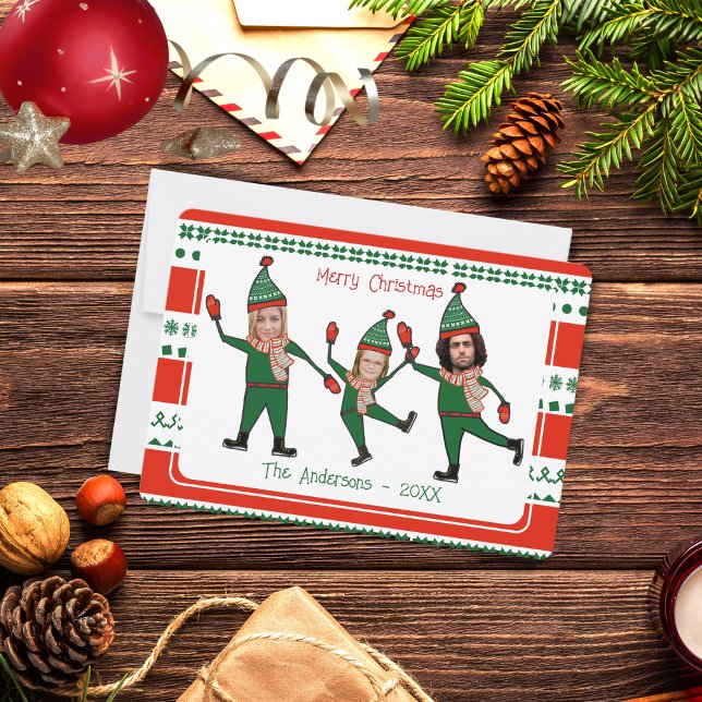 Funny Elf Family Photo Red Grönt God jul Julkort (Skapare uppladdad)