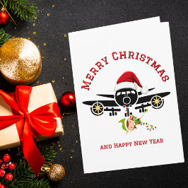 Funny Elf jumping on Airplane & Photo Custom Xmas Kort