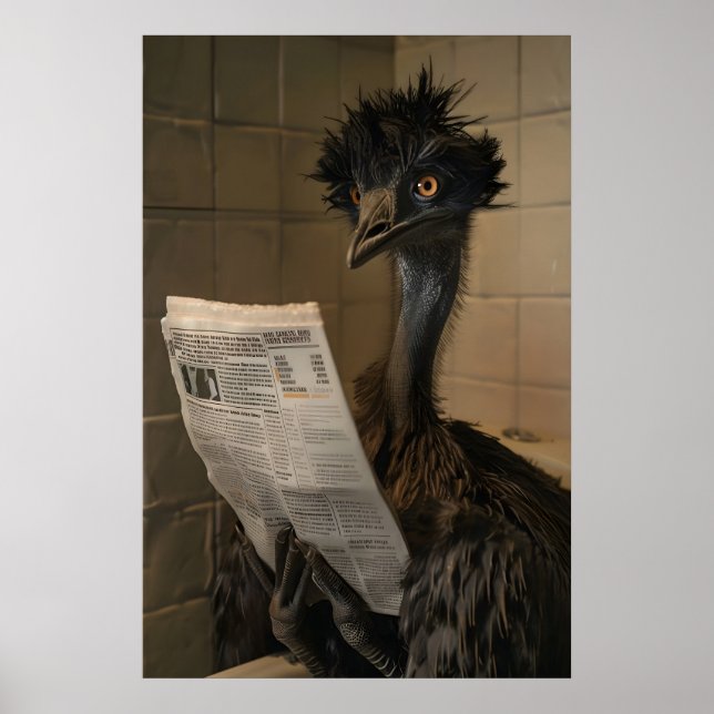 Funny Emu Bathroom Print, Newspaper Reading Animal Poster (Framsidan)
