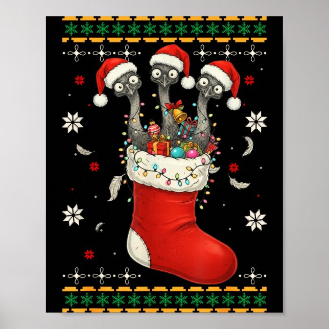 Funny Emu Bird In Xmas Socks Lights Christmas  Poster (Framsidan)