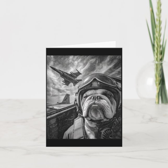 Funny English Bulldog Selfie Fighter Jet Lot Aviat Kort (Framsida)
