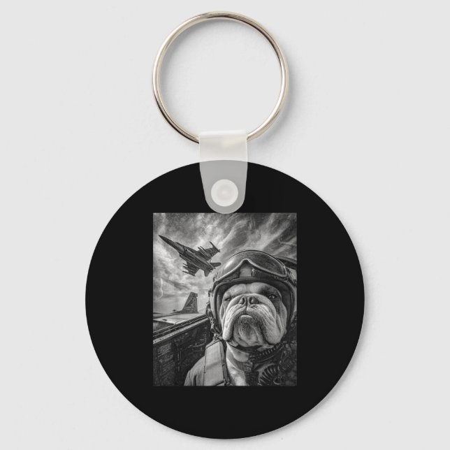 Funny English Bulldog Selfie Fighter Jet Lot Aviat Nyckelring (Framsida)