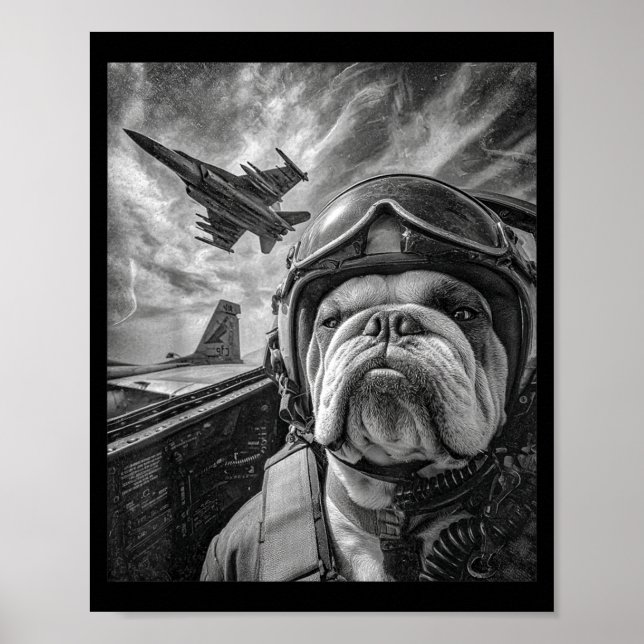 Funny English Bulldog Selfie Fighter Jet Lot Aviat Poster (Framsidan)