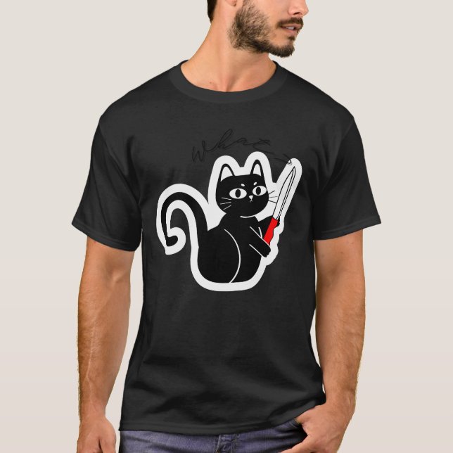 Funny Evil Cat with Knife – Dark Humor Design T Shirt (Framsida)