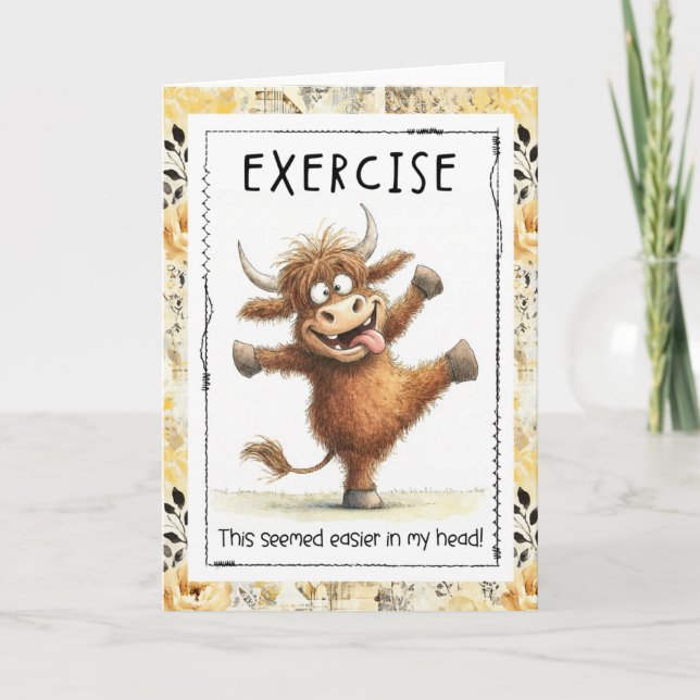 Funny Exercise Highland Cow Greeting Card Kort (Framsida)