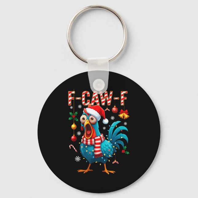 Funny F-caw-f Christmas Chicken Xmas Lights Santa  Nyckelring (Framsida)