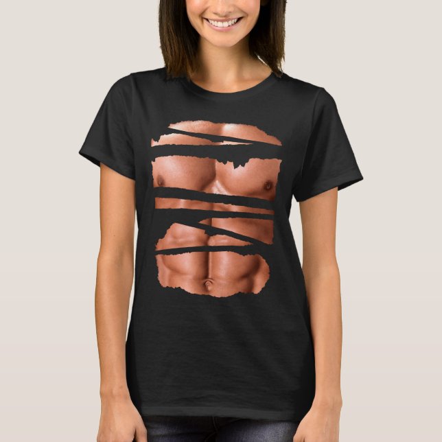 Funny Fake Muscles Fitness Model Chest Six Pack Ab T Shirt (Framsida)
