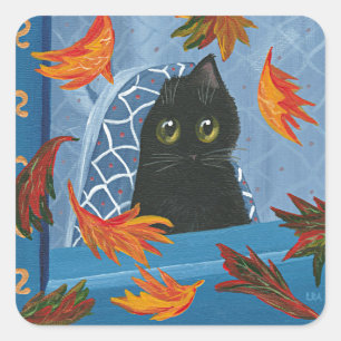 Funny Fall Black Cat Creationarts Fyrkantigt Klistermärke