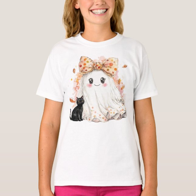 Funny Fall Ghost Holding Black cat Halloween T Shirt (Framsida)