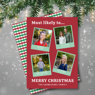 Funny Family Photos Red Green Check Modern Holiday Julkort