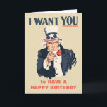 Funny farbror Sam Patriotic Birthday Kort<br><div class="desc">Farbror Sam vill att du ska ha en grattis på födelsedagen! Det här födelsedagskortet ser ut som den klassiska morbror Sam-rekryteringen poster skapar perfekt för Amerikansk historia-bojor, patriotiska vänner och mycket annat. Dessutom kan både den röda texten på framsidan och den blå texten i flottan på insidan av detta kort...</div>