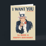 Funny farbror Sam Patriotic Birthday Kort<br><div class="desc">Farbror Sam vill att du ska ha en grattis på födelsedagen! Det här födelsedagskortet ser ut som den klassiska morbror Sam-rekryteringen poster skapar perfekt för Amerikansk historia-bojor, patriotiska vänner och mycket annat. Dessutom kan både den röda texten på framsidan och den blå texten i flottan på insidan av detta kort...</div>