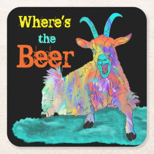 Funny färgfull konscreaming Goat Beer Pun Underlägg Papper Kvadrat