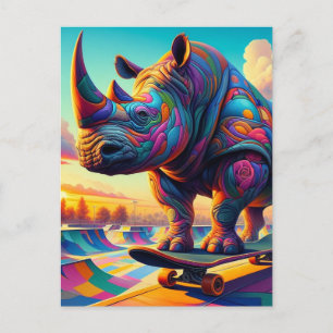 Funny färgfull Surreal Rhino Skateboarding Vykort