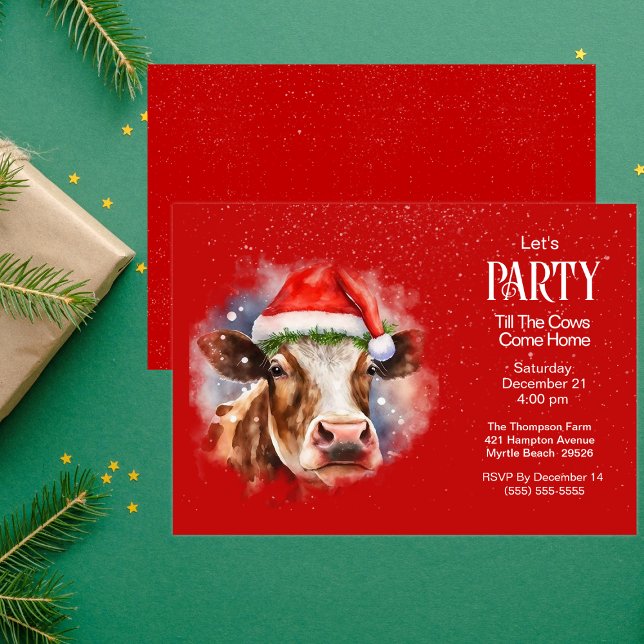 Funny Farm Cow Santa Hat Red jul Party Inbjudningar (Skapare uppladdad)