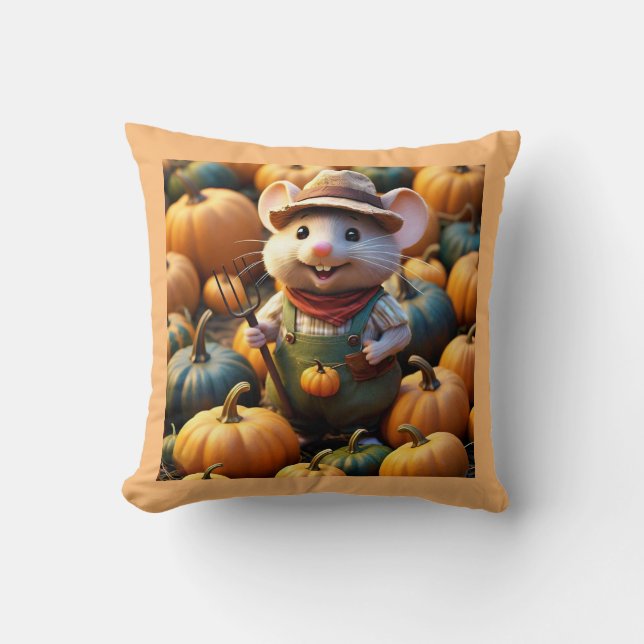 Funny Farmer Mouse med Pumpkins Dekorativ kudde (Framsida)