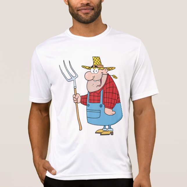 Funny Farmer Pitchfork Overalls and Straw Hat T Shirt (Framsida)