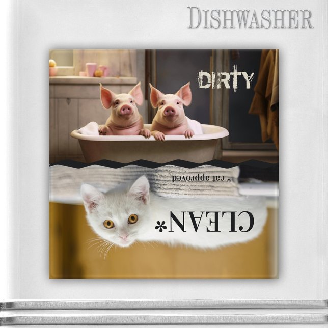 Funny Farmhouse Gris Cat Dishwasher Magnet (Farmhouse dishwasher magnet featuring funny pigs in the bathtub and an upside-down white kitty)