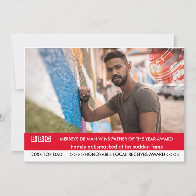 Funny Far's day Card 🎉 Fake British telly News Inbjudningar (Framsida)