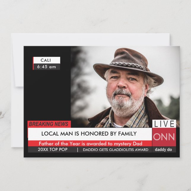 Funny Far's day Card 🎉 Fake TV News Inbjudningar (Framsida)