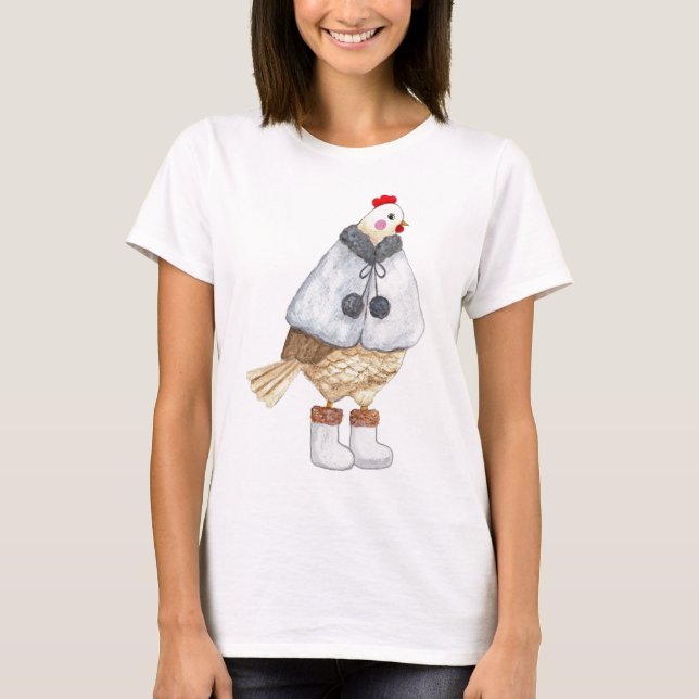 Funny Fashionable Chicken in Winter Cape and boots T Shirt (Framsida)