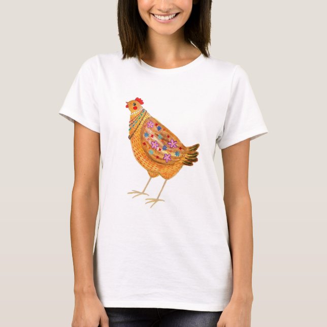 Funny Fashionable Floral Chicken with Jewelry T Shirt (Framsida)