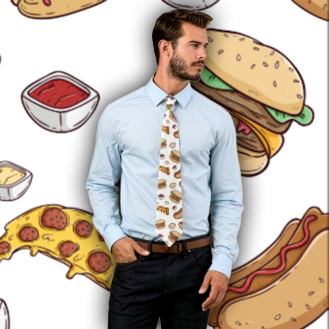 Funny Fast Food Design - Hamburgers Hett Hundar Pi Slips (Man wearing a necktie featuring fast food- pizza, hamburger and hotdogs. Backdrop matches tie.)