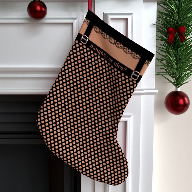 Funny Faux Fishnet Hosiery Naughty eller Nice Stor Julstrumpa (Naughty and nice gifts can both be put in this Christmas Stocking. Which sort will you put in yours?)