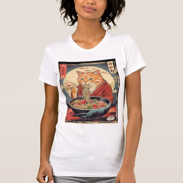  Funny Feline Eating  Ramen Japanese Ukiyo-e Style T Shirt (Framsida)
