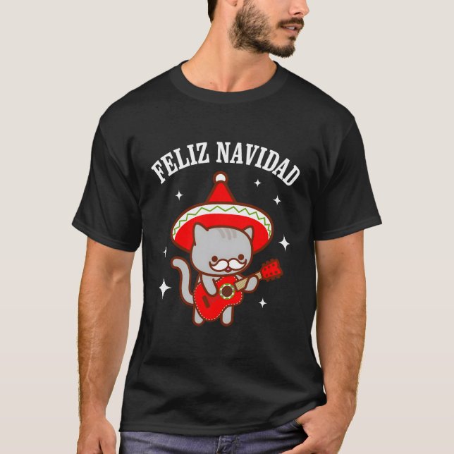 Funny Feliz Navidad Meowiachi Cat till jul T Shirt (Framsida)