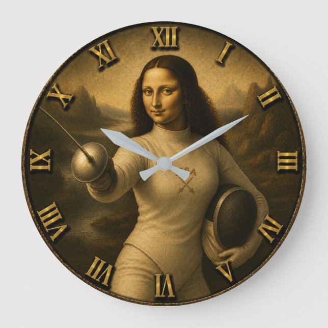 Funny Fencing Mona Lisa Épée Foil Saber Gift Stor Klocka (Framsida)