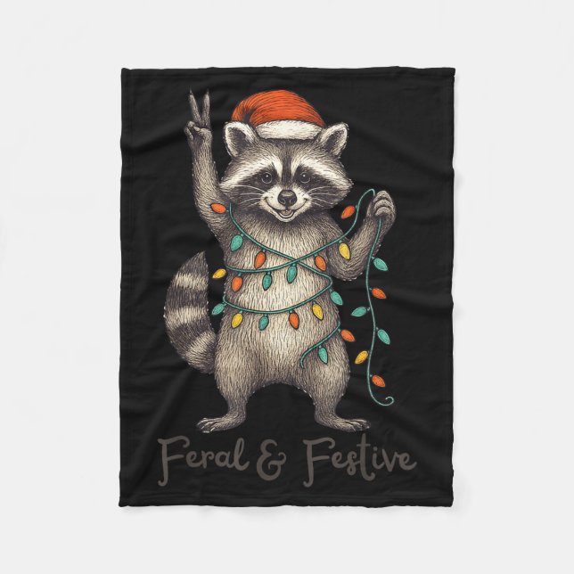 Funny Feral And Festive Raccoon Santa Hat Retro Ch Fleecefilt (Framsidan)