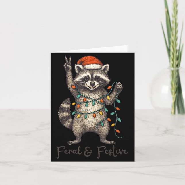 Funny Feral And Festive Raccoon Santa Hat Retro Ch Kort (Framsida)