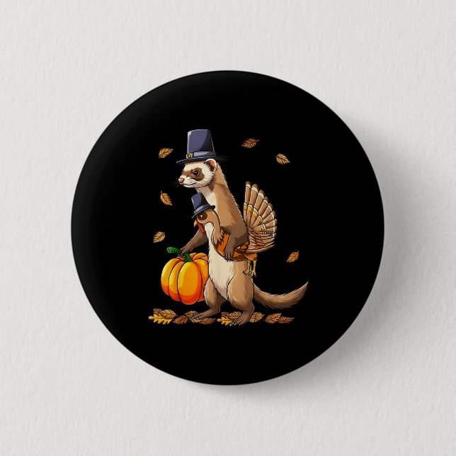 Funny Ferret Turkey Pumpkin Thanksgiving Gift Men  Knapp (Framsida)