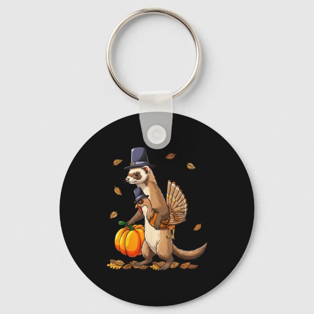 Funny Ferret Turkey Pumpkin Thanksgiving Gift Men  Nyckelring (Framsida)