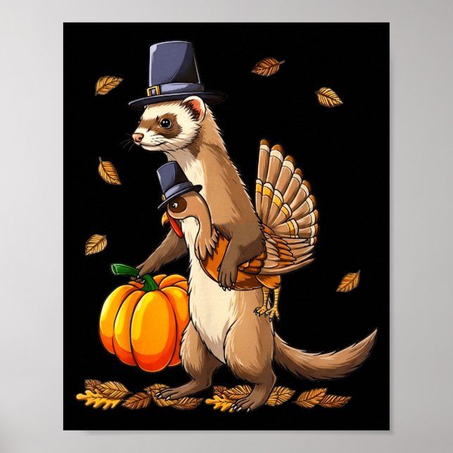 Funny Ferret Turkey Pumpkin Thanksgiving Gift Men  Poster (Framsidan)