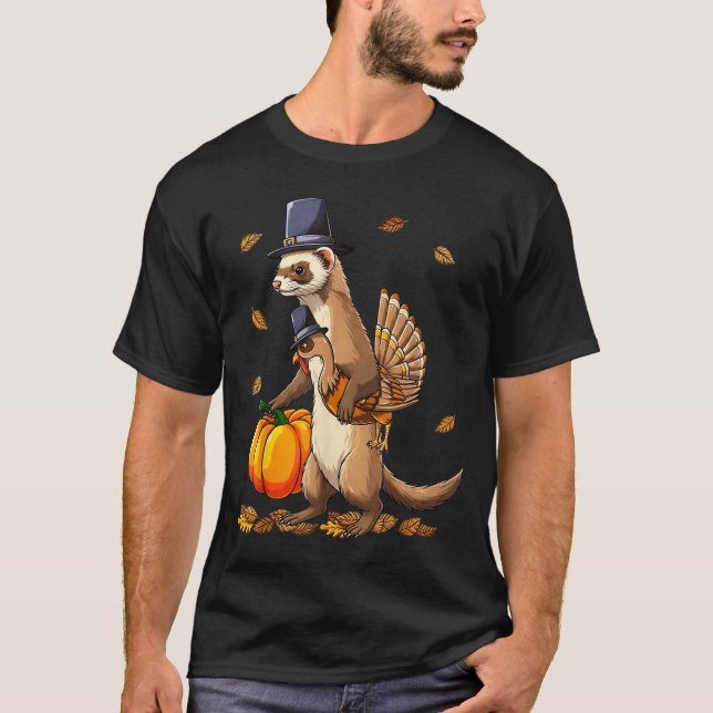 Funny Ferret Turkey Pumpkin Thanksgiving Gift Men  T Shirt (Framsida)
