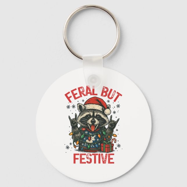 Funny Festive But Feral Santa Raccoon Lover Animal Nyckelring (Framsida)