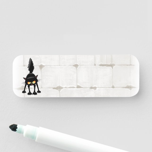 Funny Fierce Black Cat Cartoon  Namnbricka (På plats)