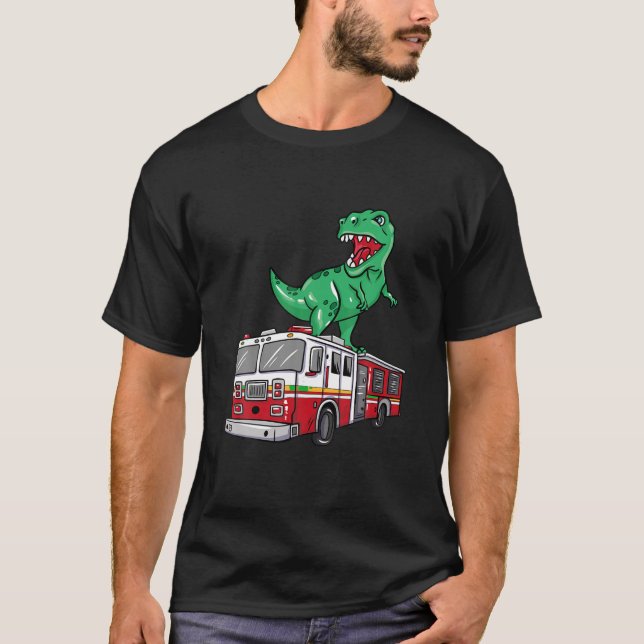 Funny Firefighter Dinosaur Älskare på Firelångtrad T Shirt (Framsida)