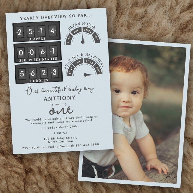 Funny First Birthday Baby Boy Cute Stats Photo Inbjudningar (Funny First Birthday Baby Boy Cute Stats Photo Invitation)