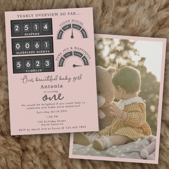 Funny First Birthday Baby Girl Cute Stats Photo Inbjudningar (Funny First Birthday Baby Girl Cute Stats Photo Invitation)